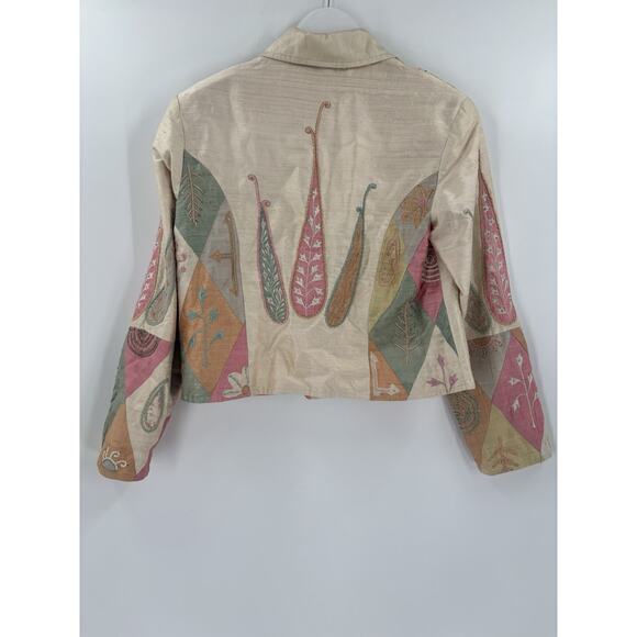 Anage Vintage Jacket Womens Large Beige Pink Green 100% Silk Embroidered Nature - Picture 9 of 16